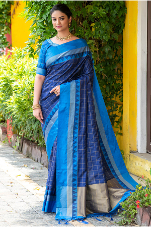Royal Blue Zari Woven Raw Silk Saree