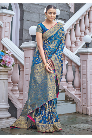 Teal Blue Woven Banarasi Silk Saree