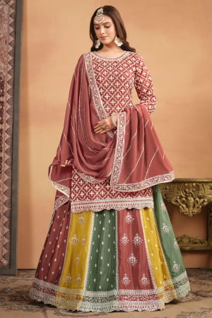 Rust Brown Embroidered Chinnon Designer Lehenga Kameez