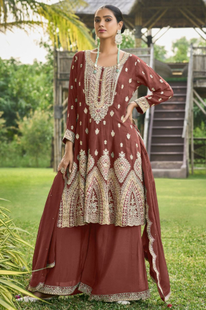 Rust Brown Embroidered Chinnon Designer Palazzo Kameez
