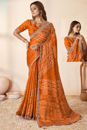 Rust Orange Bandhani Print Gaji Silk Designer Saree