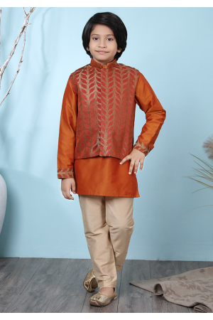 Rust Orange Cotton Silk Kurta Pyjama Set with Jacket