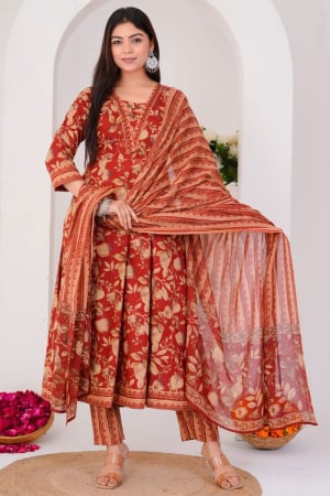 Rust Orange Printed Pure Cotton Readymade Pant Kameez