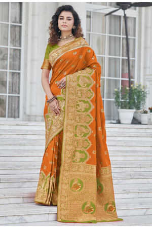 Rust Orange Zari Weaving Banarasi Silk Saree