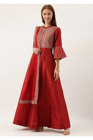 Rust Red Art Silk Plus Size Readymade Anarkali Suit