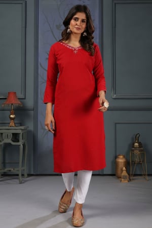 Rust Red Embellished Cotton Kurti with Bottom