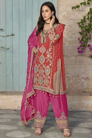 Rust Red Embroidered Chinnon Designer Trouser Kameez