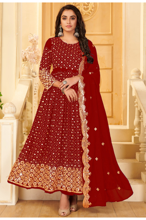 Rust Red Embroidered Georgette Anarkali Dress