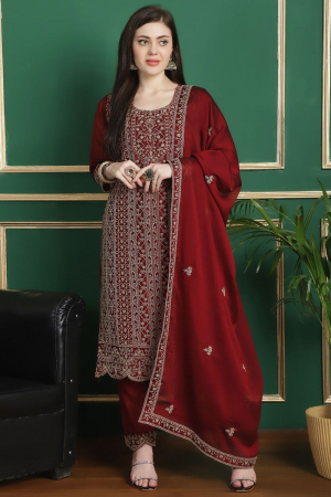 Rust Red Embroidered Georgette Pant Kameez