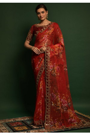 Rust Red Embroidered Saree