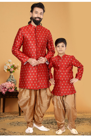 Rust Red Jacquard Silk Father Son Indo Western Combo