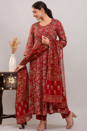 Rust Red Rayon Cotton Readymade Pant Kameez