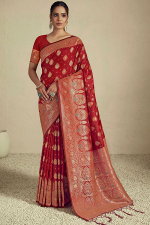 Rust Red Woven Silk Saree for Wedding