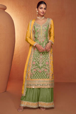 Sage Green and Mustard Embroidered Chinnon Palazzo Kameez