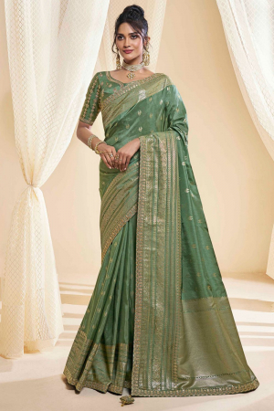 Sage Green Designer Silk Saree with Embroidered Blouse