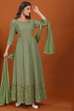 Sage Green Embroidered Faux Georgette Gown with Dupatta