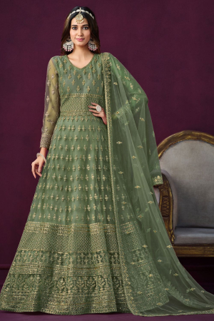 Sage Green Embroidered Net Anarkali Dress