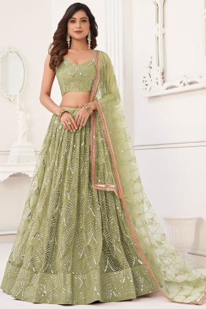 Sage Green Embroidered Net Lehenga Choli