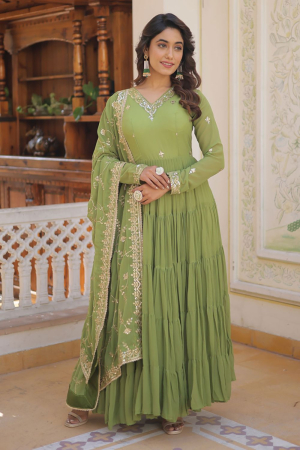 Sage Green Faux Georgette Gown with Embroidered Dupatta