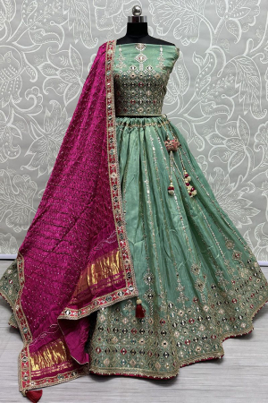 Sage Green Pure Gadhwal Silk Handwork Bridal Lehenga Choli