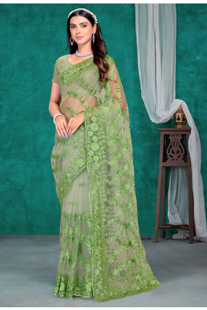 Sage Green Resham Embroidered Net Saree