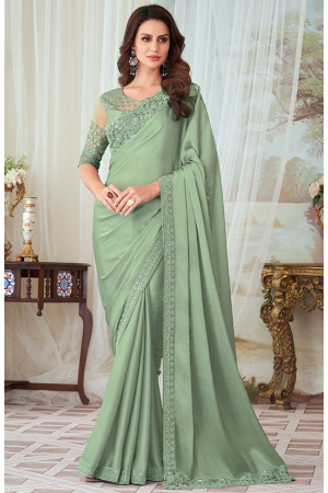 Sage Green Silk Saree with Embroidered Blouse