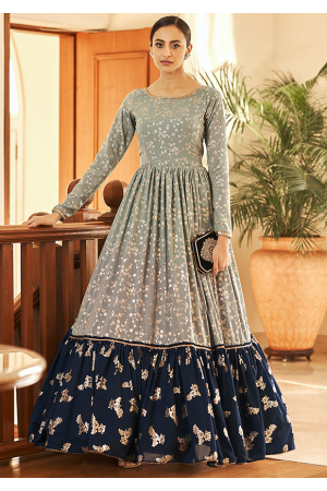 Sage Grey and Navy Blue Flared Georgette Gown