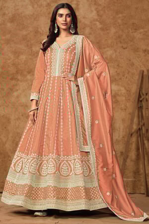 Salmon Orange Embroidered Dola Silk Gown with Dupatta