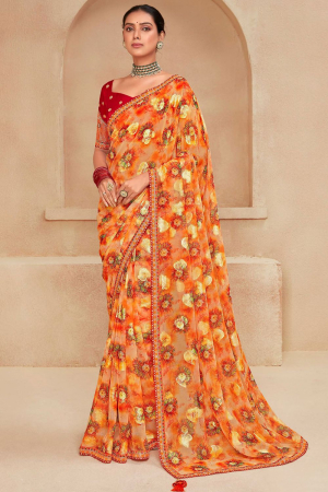 Salmon Orange Georgette Saree with Embroidered Blouse