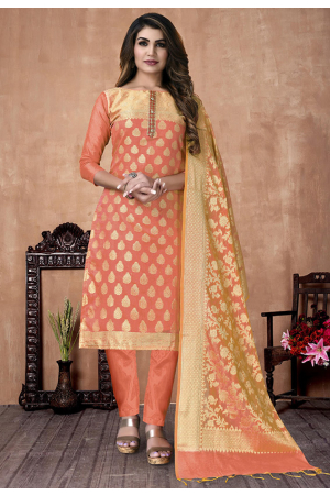Salmon Orange Woven Banarasi Silk Suit