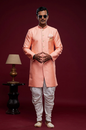 Salmon Pink Banarasi Jacquard Indo Western Outfit