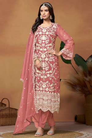Salmon Pink Embroidered Organza Plus Size Suit