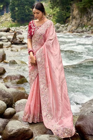 Salmon Pink Heavy Embroidered Saree