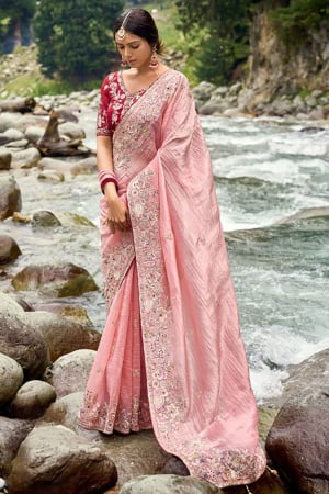 Salmon Pink Heavy Embroidered Saree