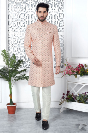 Salmon Pink Jacquard Silk Indo Western Outfit