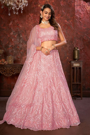 Salmon Pink Net Designer Lehenga Choli for Wedding