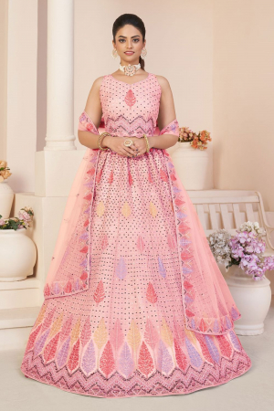 Salmon Pink Net Designer Lehenga Choli for Wedding