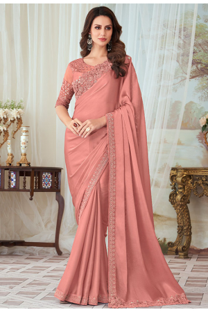 Salmon Pink Silk Saree with Embroidered Blouse