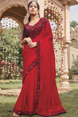 Salsa Red Shimmer Saree with Embroidered Blouse