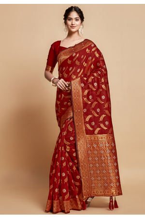Maroon Weaving Pallu Linen Saree