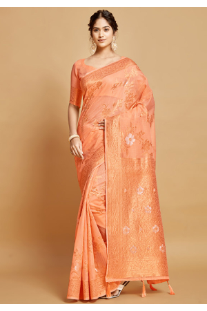 Peach Weaving Pallu Linen Saree