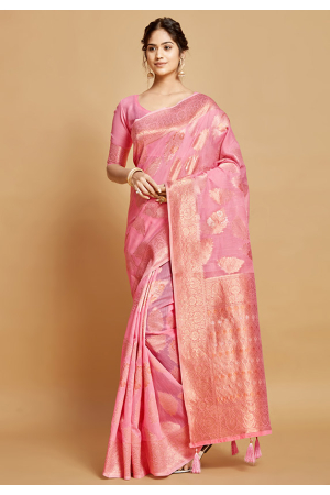 Rose Pink Weaving Pallu Linen Saree