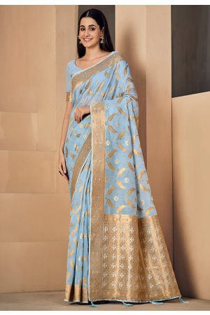 Livid Blue Weaving Pallu Linen Saree