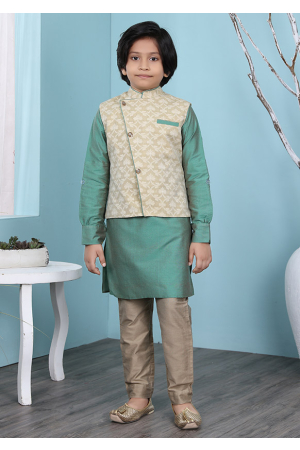 Sauf Green Cotton Silk Kurta Pyjama Set with Jacket