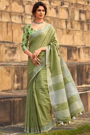 Sauf Green Soft Linen Silk Saree