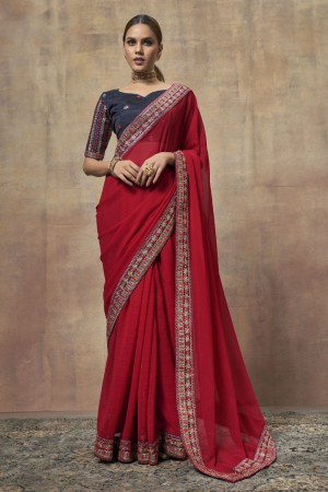 Scarlet Red Chiffon Saree with Embroidered Blouse