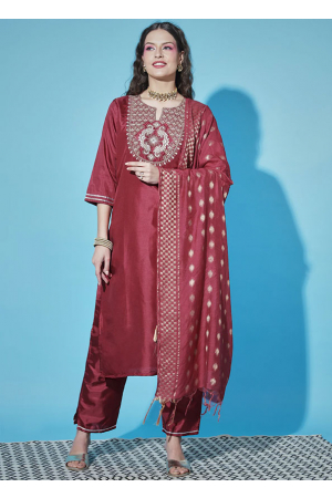 Scarlet Red Cotton Silk Readymade Suit