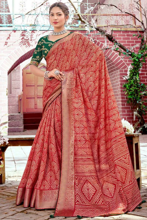 Scarlet Red Dola Jacquard Saree with Embroidered Blouse