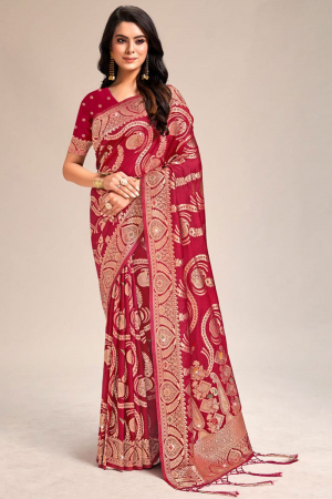 Scarlet Red Embellished Banarasi Silk Saree