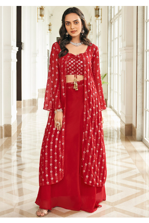 Scarlet Red Embroidered Faux Georgette IndoWestern